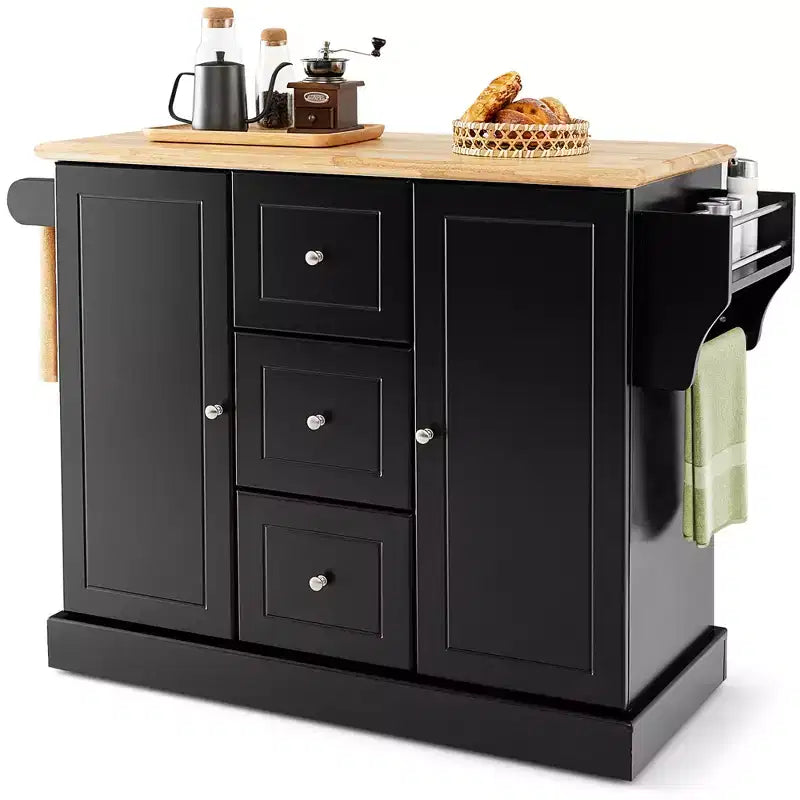 Black/White Rolling Kitchen Island Cart with 3 Drawers & 2 Cabinets, 1-Person Use