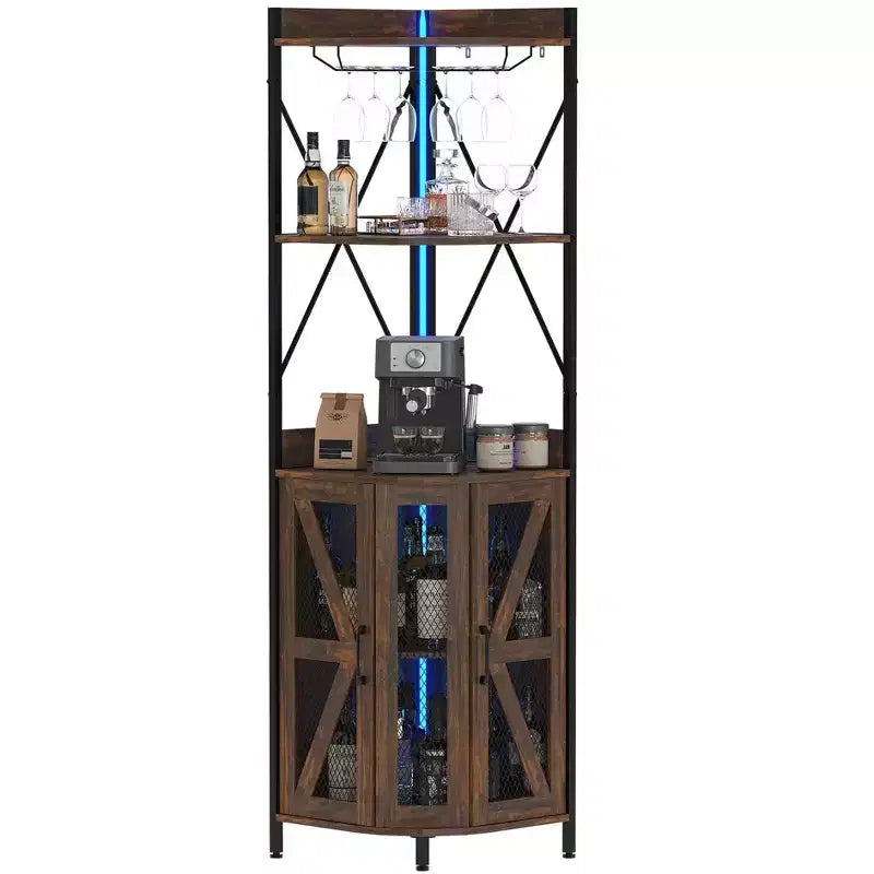 Corner Bar Cabinet with Led Lights,Corner Cabinet with Outlet, Storage Space and Detachable Wine Rack, Farmhouse Style Coffee Cabinet for Dining Room
