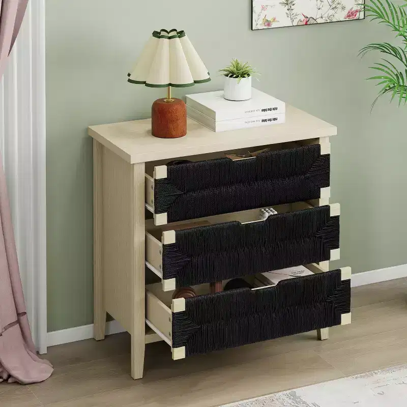 GDFStudio Mona Modern 31.5'' Hand-Woven Rope Wooden Cabinet with 3 Drawers