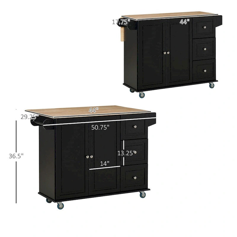 Black Rolling Kitchen Island with Drop-Leaf Top Three Drawers and Spice Rack