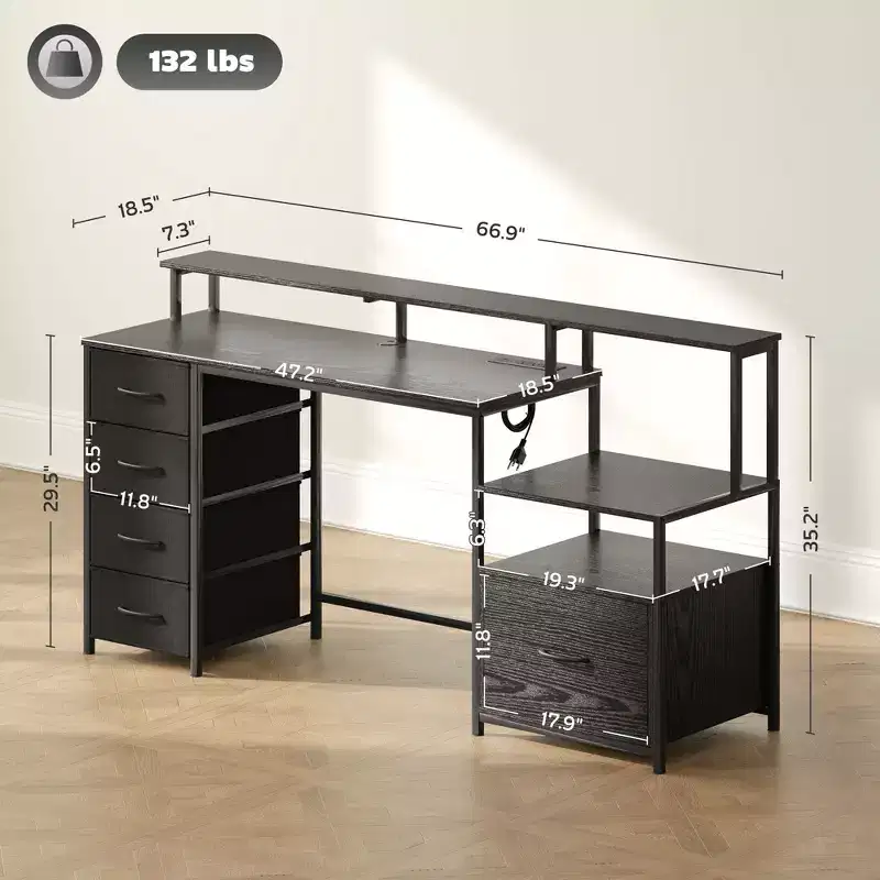 Computer Desk with Power Outlets and LED Lights, 67 Computer Table with File Cabinet and Fabric Drawers