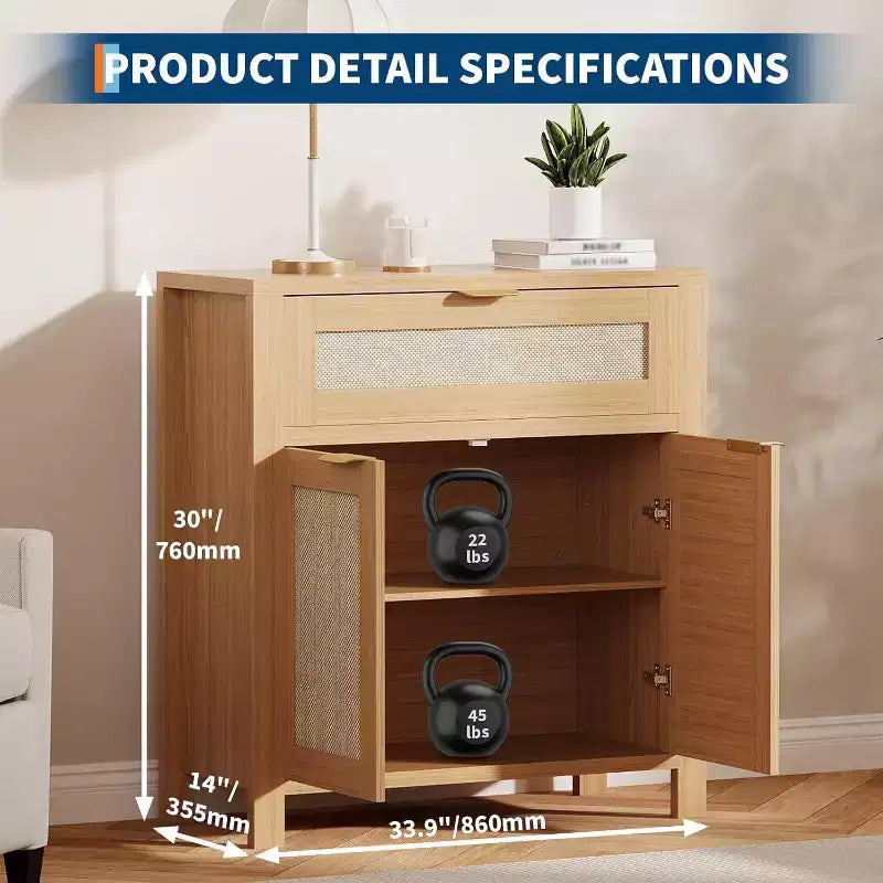 Rattan Sideboard Buffet Cabinet, Modern Farmhouses Storage Cabinet with Drawer, Narrow Coffee Bar Buffet Cabinet for Kitchen Dining Room,Living Room