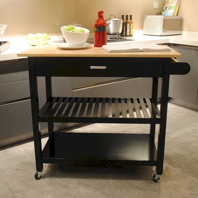 Rolling Kitchen Cart with Natural Wood Top 2 Open Shelves and Towel Rack