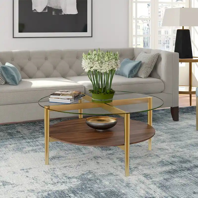 Round Mid-Century Modern Coffee Table with Tempered Glass Top