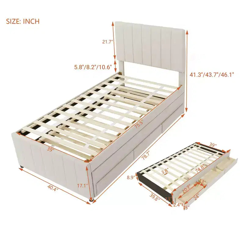 Bellemave Twin Size Upholstered Platform Bed with Trundle and 3 Storage Drawers, Space Saving Trundle Bed for Small Rooms