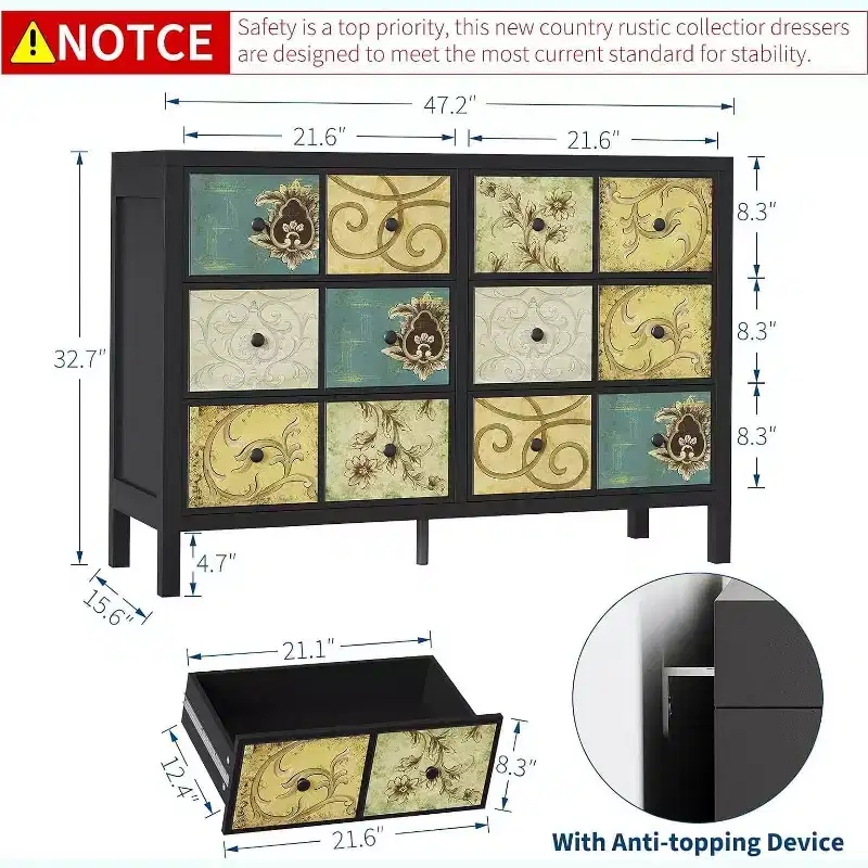 6 Drawers Dresser for Bedroom, Farmhouse Wood Rustic Chest of Drawers with Metal Handle, Retro Floral Pattern Drawer, for Living Room, Black