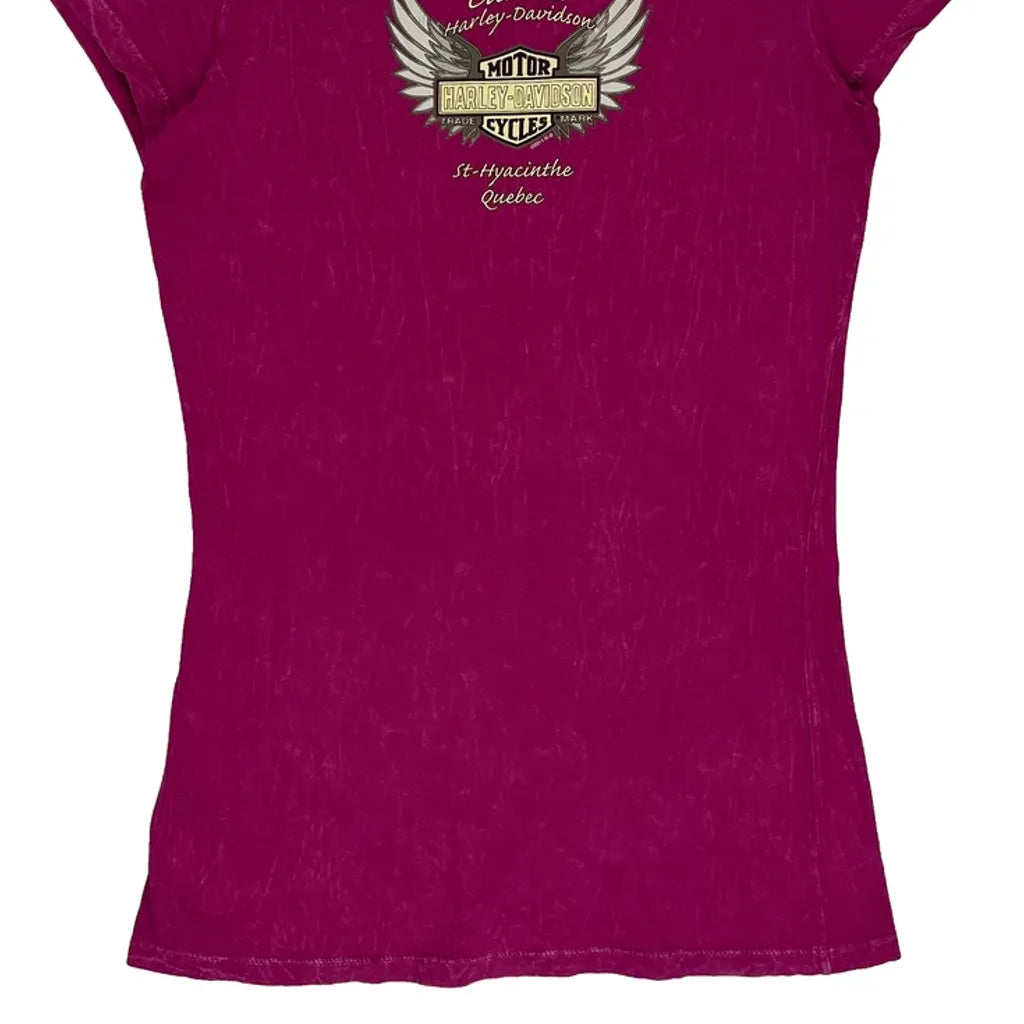 Skull With Wings And Roses Harley Davidson Graphic T-Shirt - Medium Pink Cotton