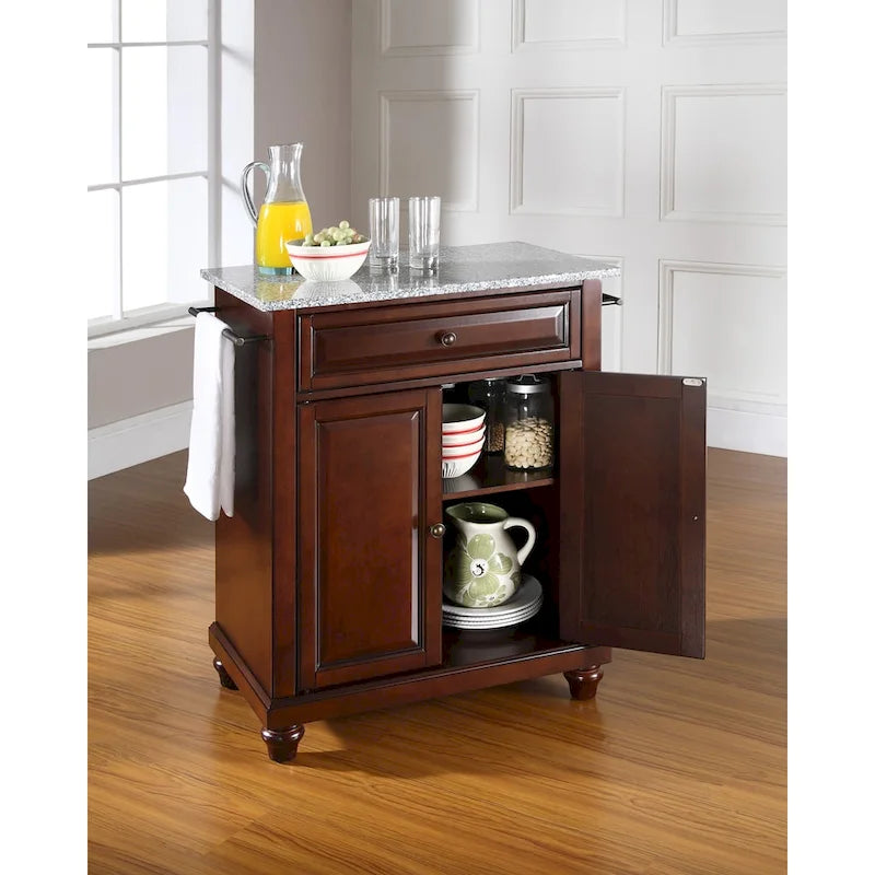 Brown Portable Kitchen Island with Solid Granite Top Raised Panel Doors and Drawer