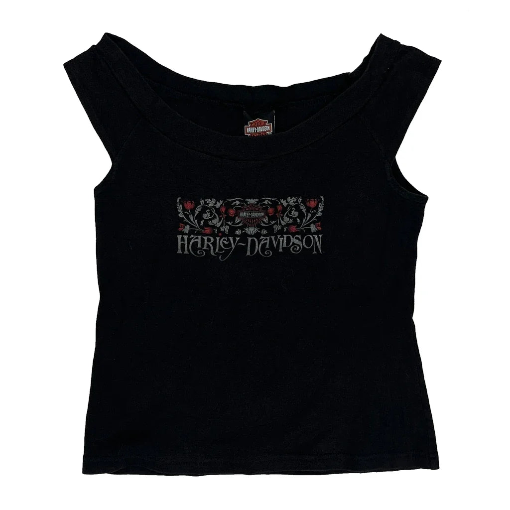 Graphic Sleeveless Top Women Medium Black Cotton Casual Fitted Round Neck