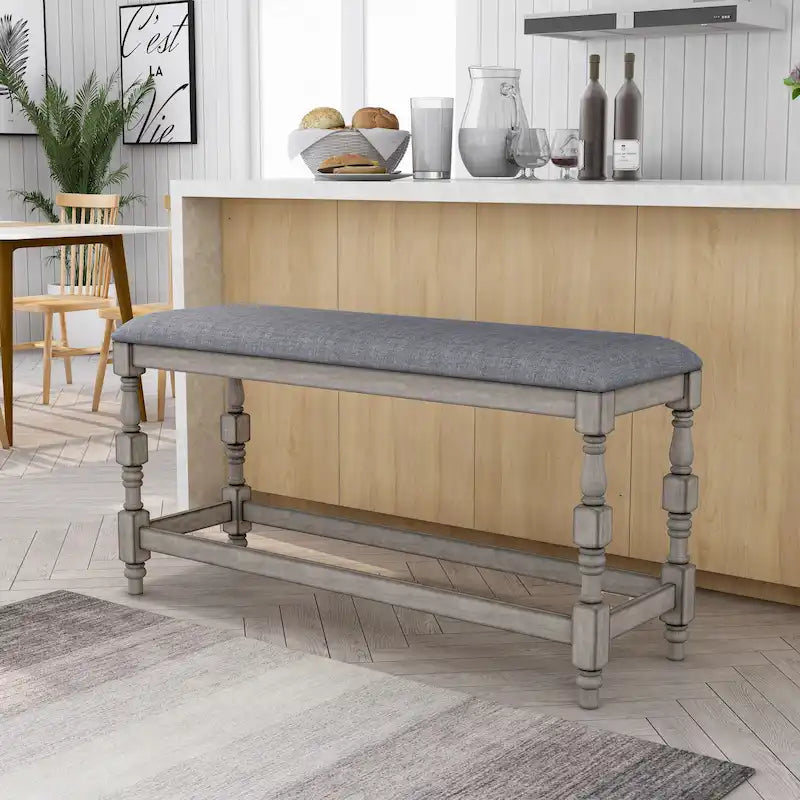 50-Inch Farmhouse Counter Height Upholstered Bench with Turned Legs
