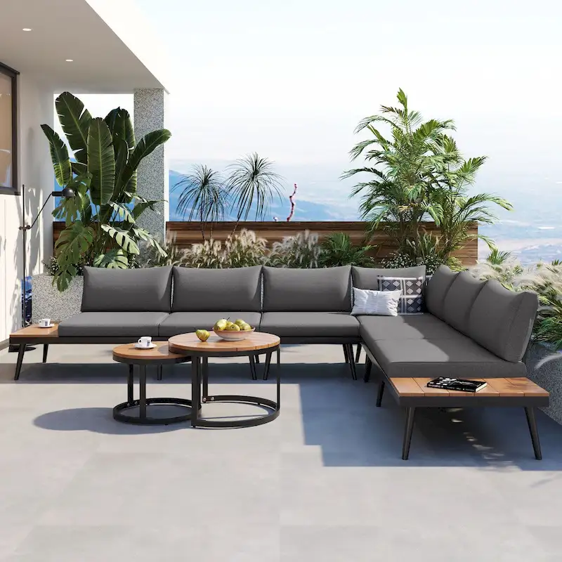 6-piece Acacia Wood Outdoor Sectional Sofa Set with Round Nesting Coffee Tables and Side Storage Shelf, Cushioned Seating