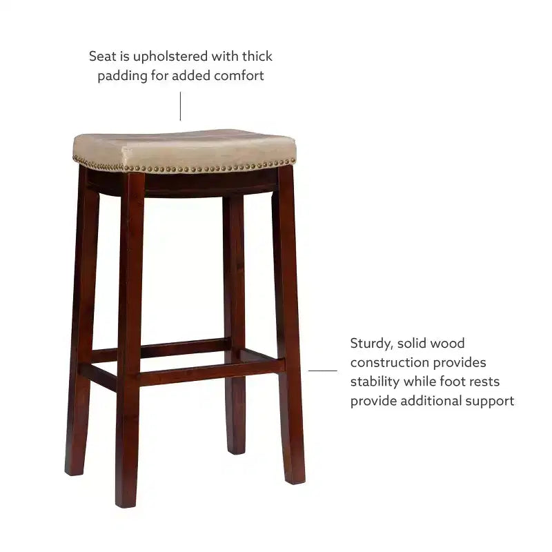 Set of 2 Faux Leather Barstools - Armless, Backless with Footrest, Fixed Height