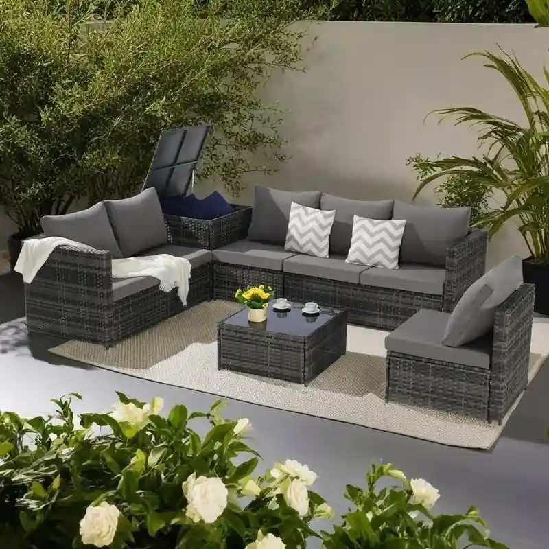 6-Piece Outdoor Patio Wicker Sectional Sofa Set with Corner Table & Glass Top Table