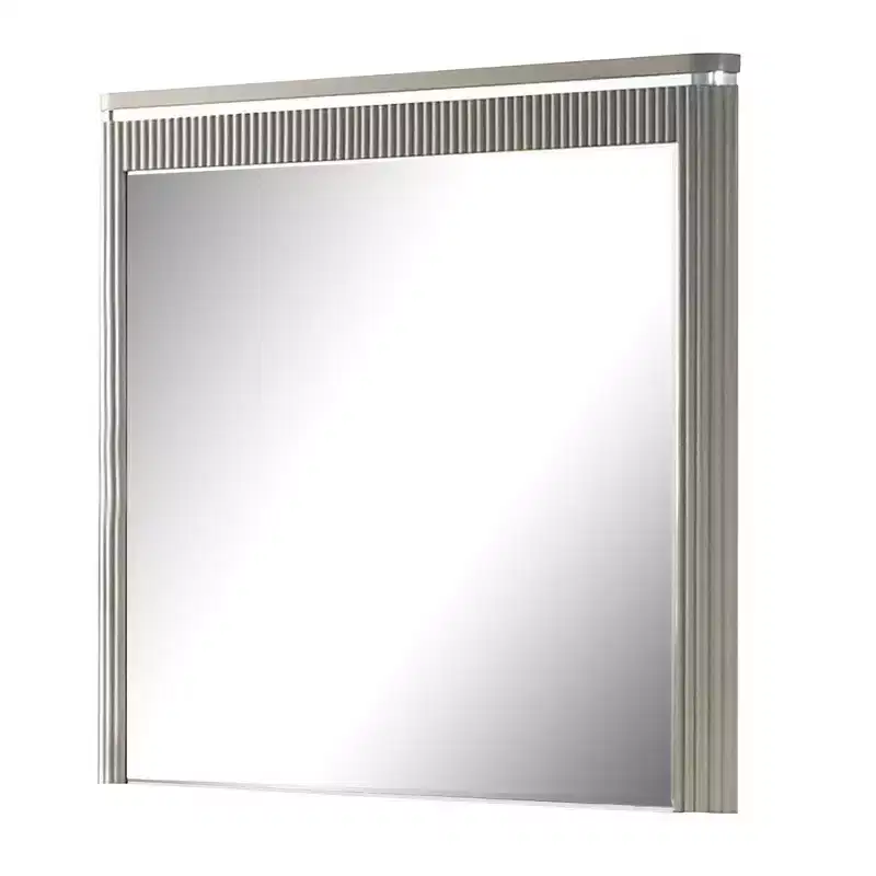Royal Hampton Dresser Mirror, 38 Inch Light Gray Wood, Reeded Design, Silver Accents