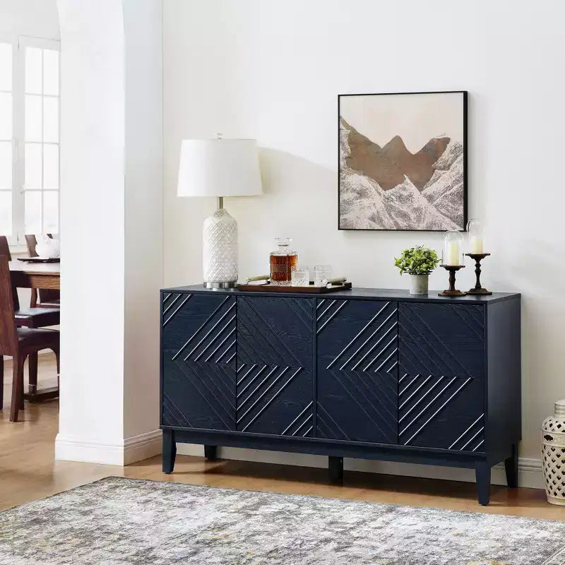 60 Storage Sideboard Cabinet with Geometric Pattern Doors & Adjustable Shelves, Modern Console Table TV Stand, Coffee Bar Buffet Table for Kitchen