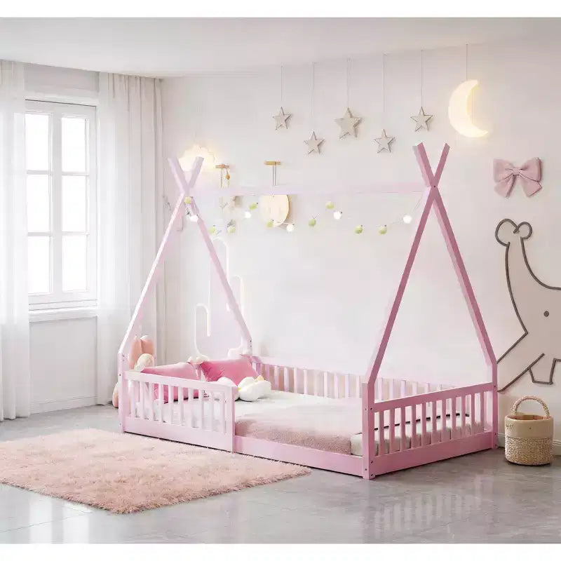 Bellemave Twin Size Tent Floor Bed Frame with Fence Guardrails, Wooden House Bed for Playroom & Bedroom.