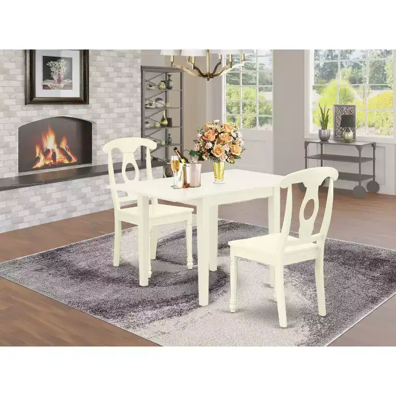 HomeStock 3-Pc Linen White Finish Solid Wood Top Dining Table Set for Small Spaces