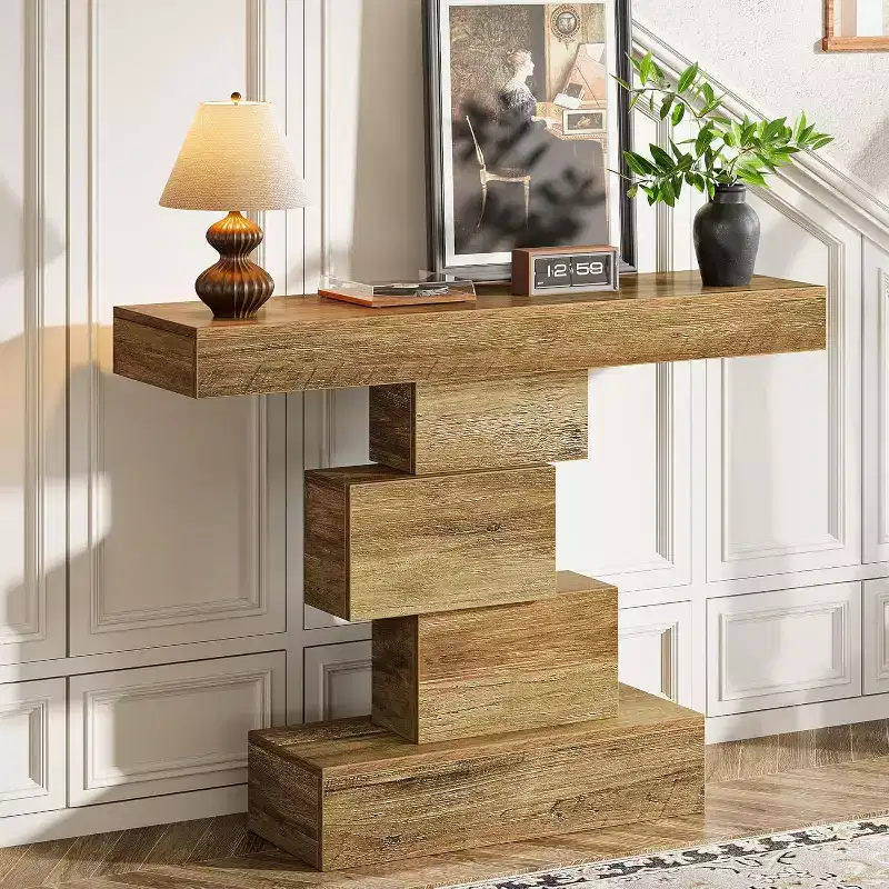 Lantine 42.5 Farmhouse Console Table, Narrow Wood Sofa Table Behind Couch with Geometric Base, Light Brown