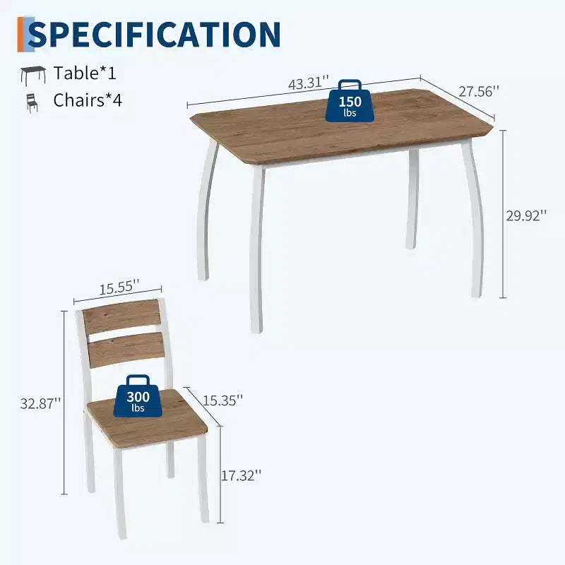 5-Piece Dining Set for 4 - Space-Saving Kitchen Table & Wooden Chairs - Compact Table for Small Spaces, Apartment