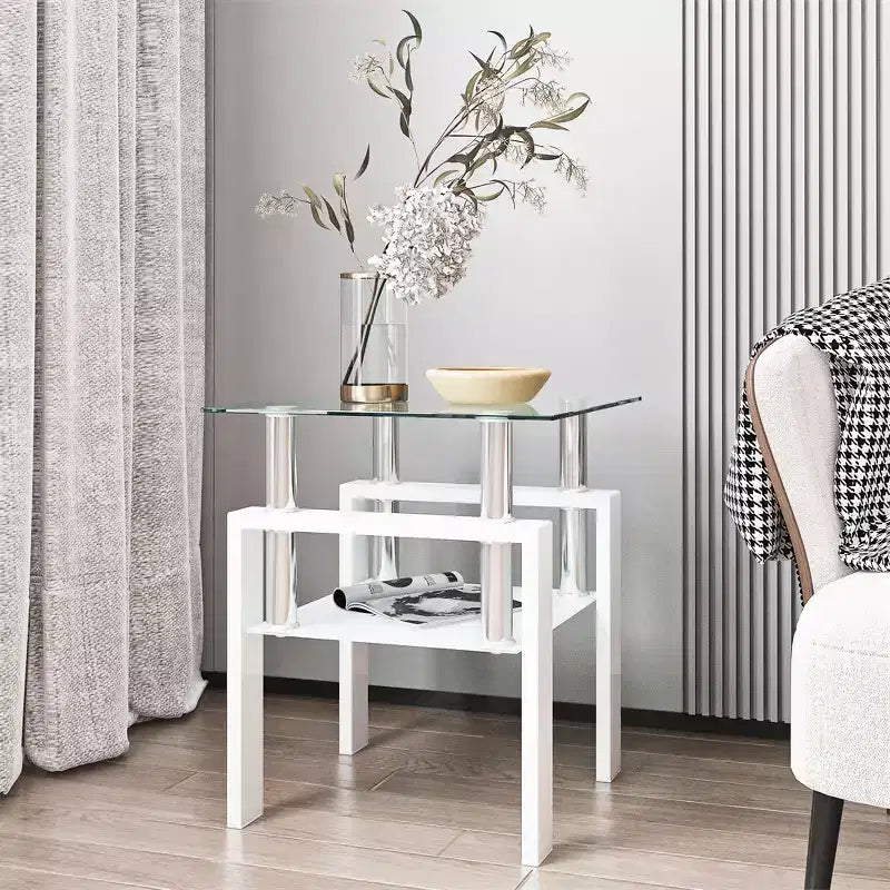 Modern 2-Tier Square Coffee Table with Tempered Glass Top