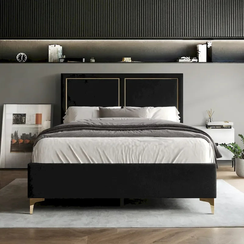 Minimalist Velvet Upholstered Bed with Gold Strip Detail