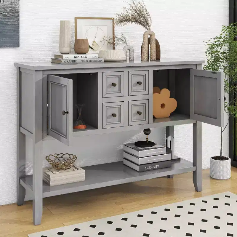 Vintage 46'' Solid Wood Console Table with Cabinets and Bottom Shelf
