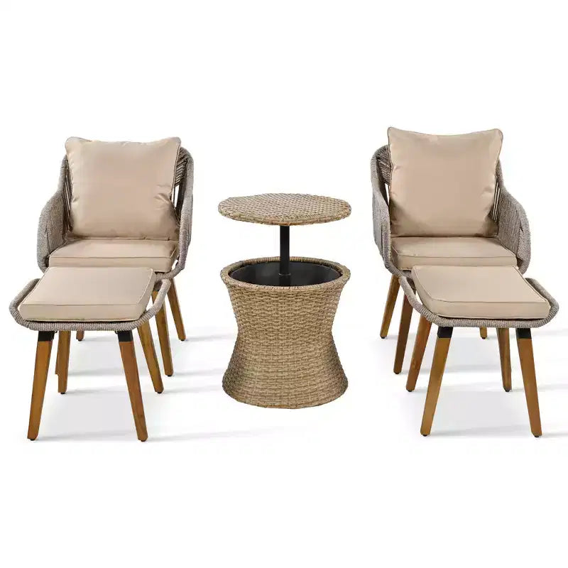 GDFStudio Shawn 5 Piece Patio Seating Set with Rattan Pop-Up Bar Table, Acacia& Metal Seating