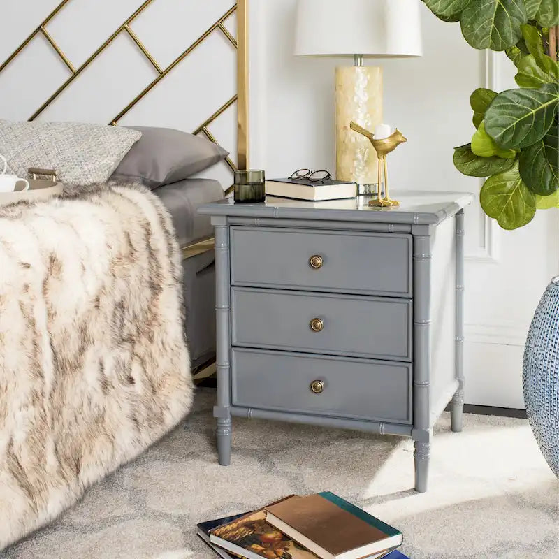Modern Coastal 3-Drawer Nightstand with Bamboo-Style Frame & Gold Pulls
