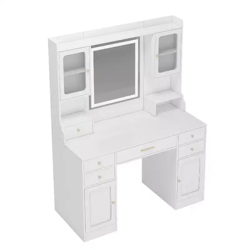 Modern Mirror Vanity Table with Lights, 6 Drawers, 4 Lockers and Shelves