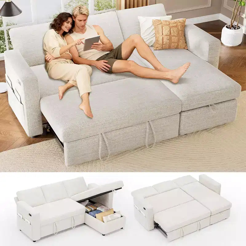 Dyonery 81 L Shaped Sectional Sleeper Sofa Bed with Pull Out Bed 4 in 1 with Storage Chaise,USB Ports,Side Pocke for Living Room