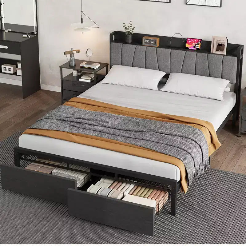 Whizmax Queen Size Bed Frame with Upholstered Headboard, Industrial Queen Platform Bed with 2 Storage Drawer and Charging Station No Box Spring Needed