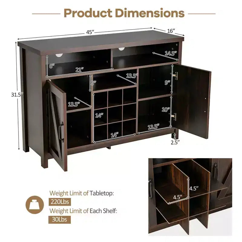 Costway Buffet Storage Cabinet Farmhouse Sideboard w/9-Bottle Wine Rack & 2 Doors