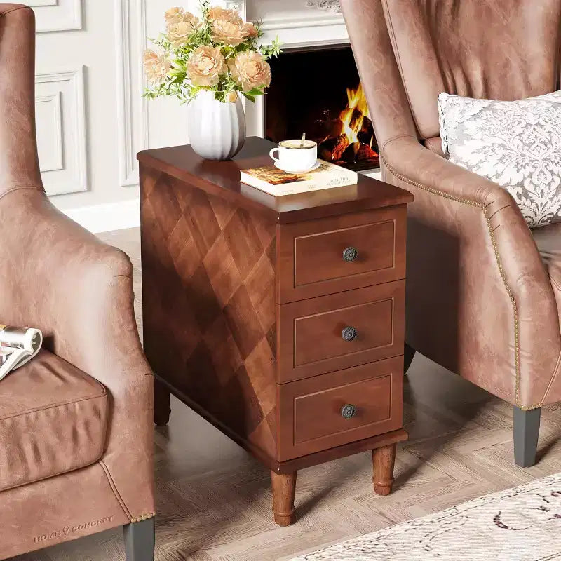 Narrow Wood End Table with 3 Drawers – Fully Assembled Nightstand for Bedroom & Living Room