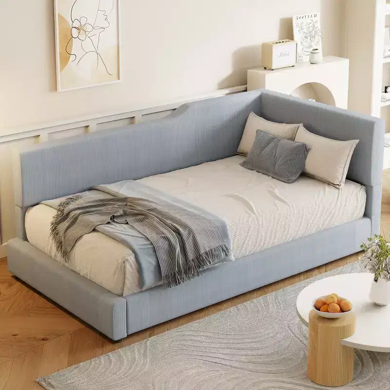 Twin/Full Size L-Shaped Corduroy Upholstered Daybed, 4D