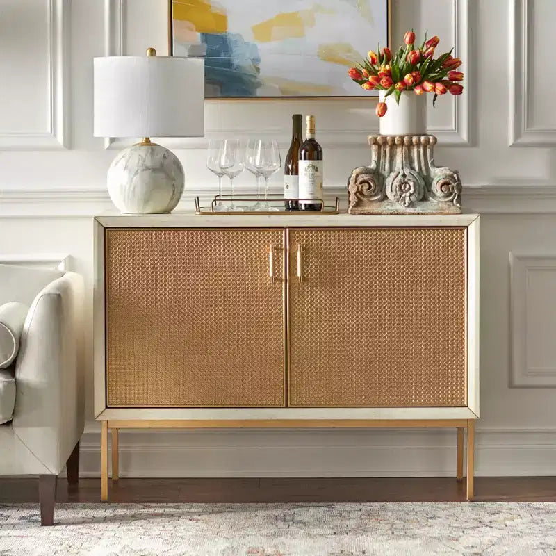Buylateral Lati Rattan Door Buffet Antique White/Natural: Glam Style Sideboard, Adjustable Shelves