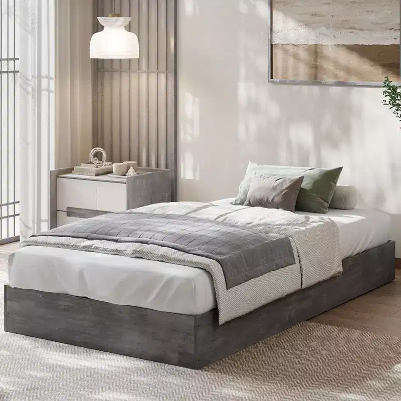 Full Size Bed Frame, Wood Platform Bed Without Headboard, Floor-Standing Bed Frame, Wooden Slats Support, No Box Spring Required, White