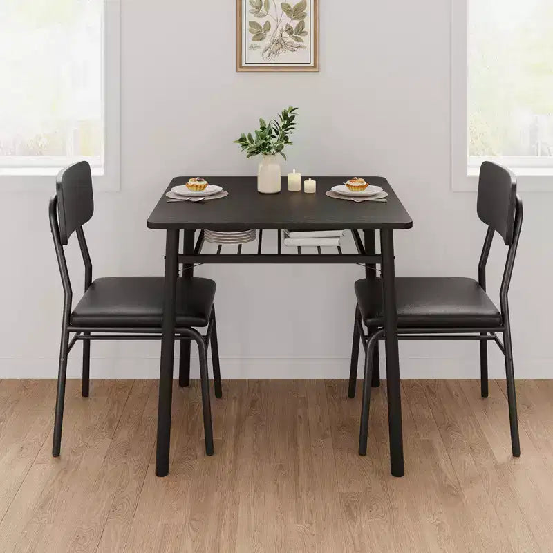 3-Piece Dining Set for 2  Small Square Table with Storage Rack & Metal Frame, Includes 2 Upholstered Chairs, Brown