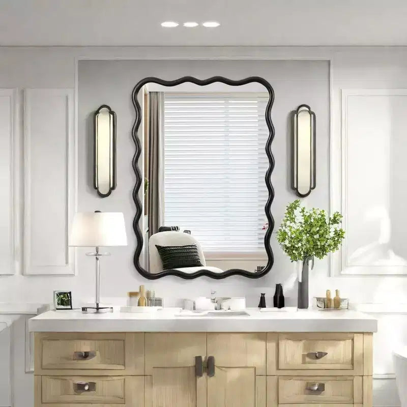 40 x 28 Wavy Solid Wood Wall Mirror, Modern Large Squiggle Rectangular Decorative Mirror for Living Room or Entryway - Panipeachy