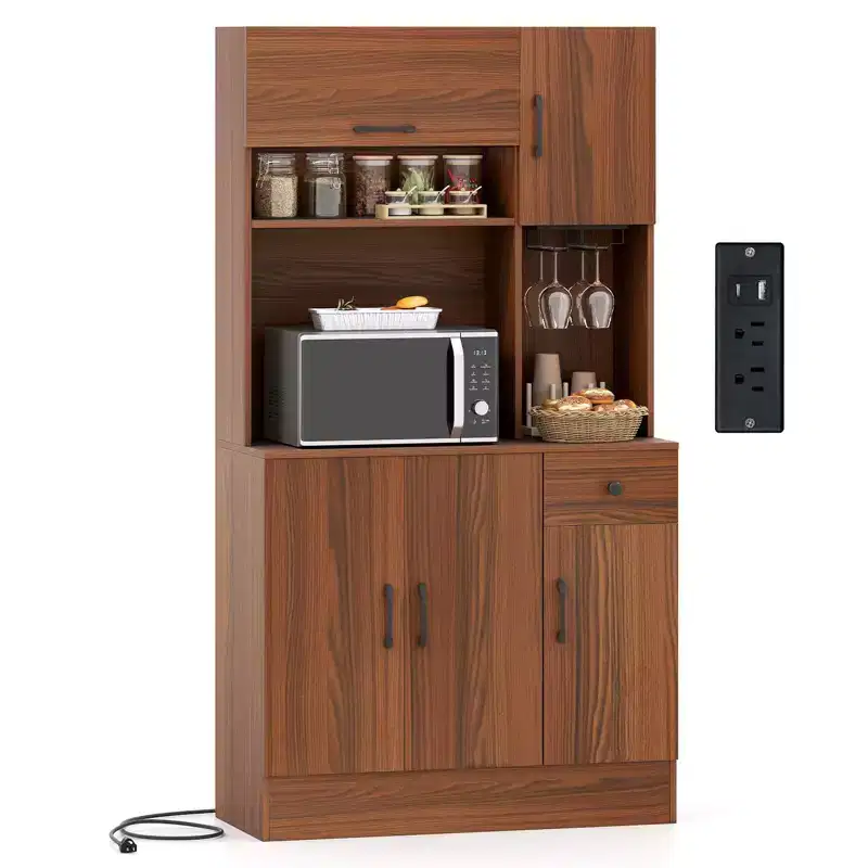 66 Pantry Cabinet Tall Kitchen Storage Cabinet with Charging Station Brown
