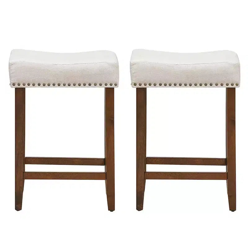 Set of 2 Nailhead Saddle Bar Stools 24 with Fabric Seat & Wood Legs, Beige/Gray
