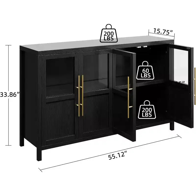 Acekool 55 Farmhouse Storage Cabinet  4 Glass Door Sideboard with Shelves, Slim Kitchen & Dining Organizer in Crisp White