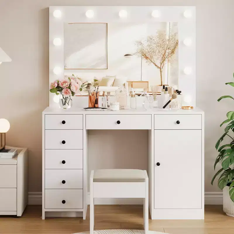 Vanity Desk with Mirror and Lights, 47 Makeup Vanity Table with Power Outlet, 3 Adjustable Lighting Modes, 7 Storage Drawers & 1 Door