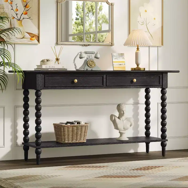 Retro Wood Console Table with 2 Drawers & Open Shelf
