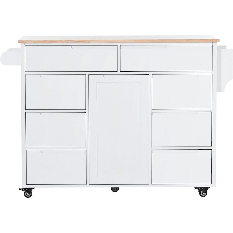 Rolling Kitchen Island Cart with 8 Handle-Free Drawers Rubberwood Top and Spice Rack