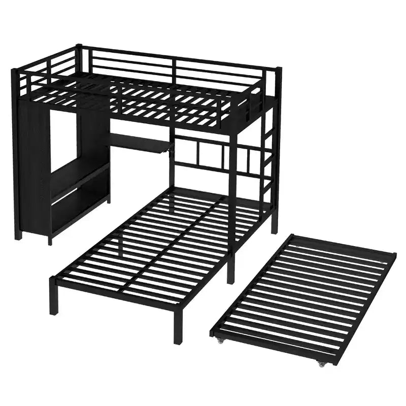 Full over Twin Bunk Bed with Built-in Wardrobe, Trundle, and Foldable Desk