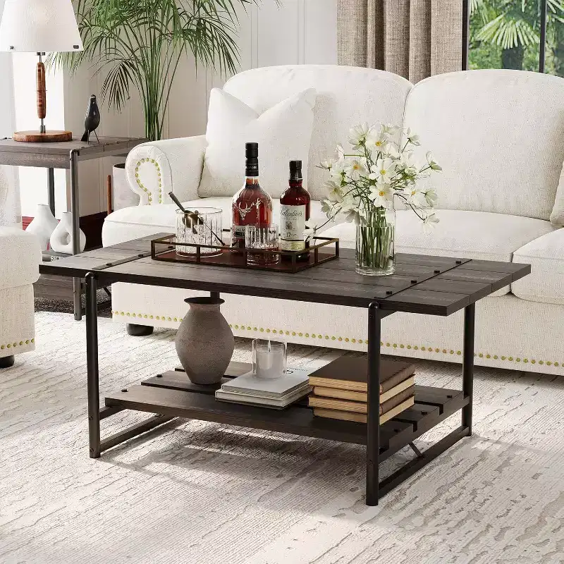 Acekool 2-Tier Coffee Table with Storage Shelf, Farmhouse Industrial Wood & Metal Center Table for Living Room, Office