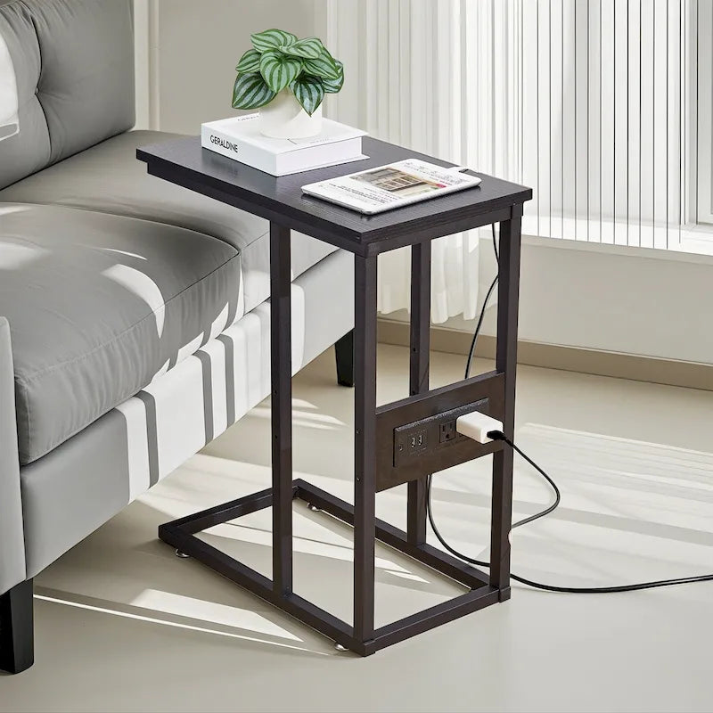 C Shaped Side Table, Small End Table with USB Ports and Outlets for Small Spaces