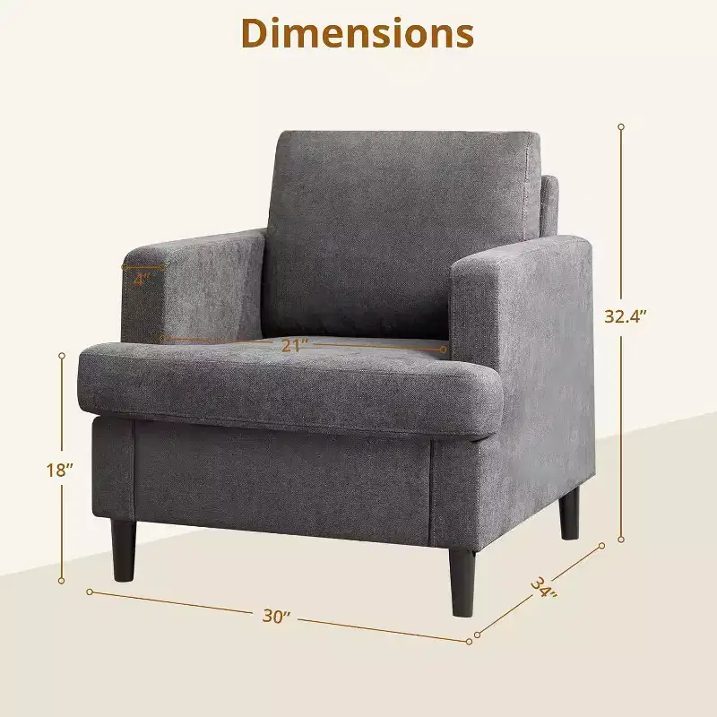 Modern Oversized Accent Chair, Linen Upholstered Armchair with Thick Cushion, Cozy Mid-Century Chair for Living Room Bedroom, Gray