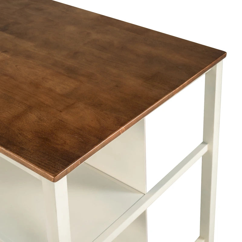 Tan Rustic Solid Rubberwood Stationary Kitchen Island with 2 Open Shelves