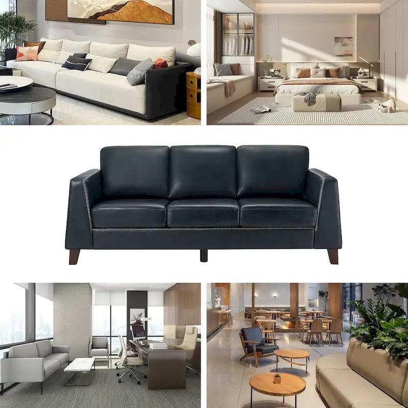 81.5 Inch Genuine Leather Tuxedo Arm Sofa with Solid Wood Legs